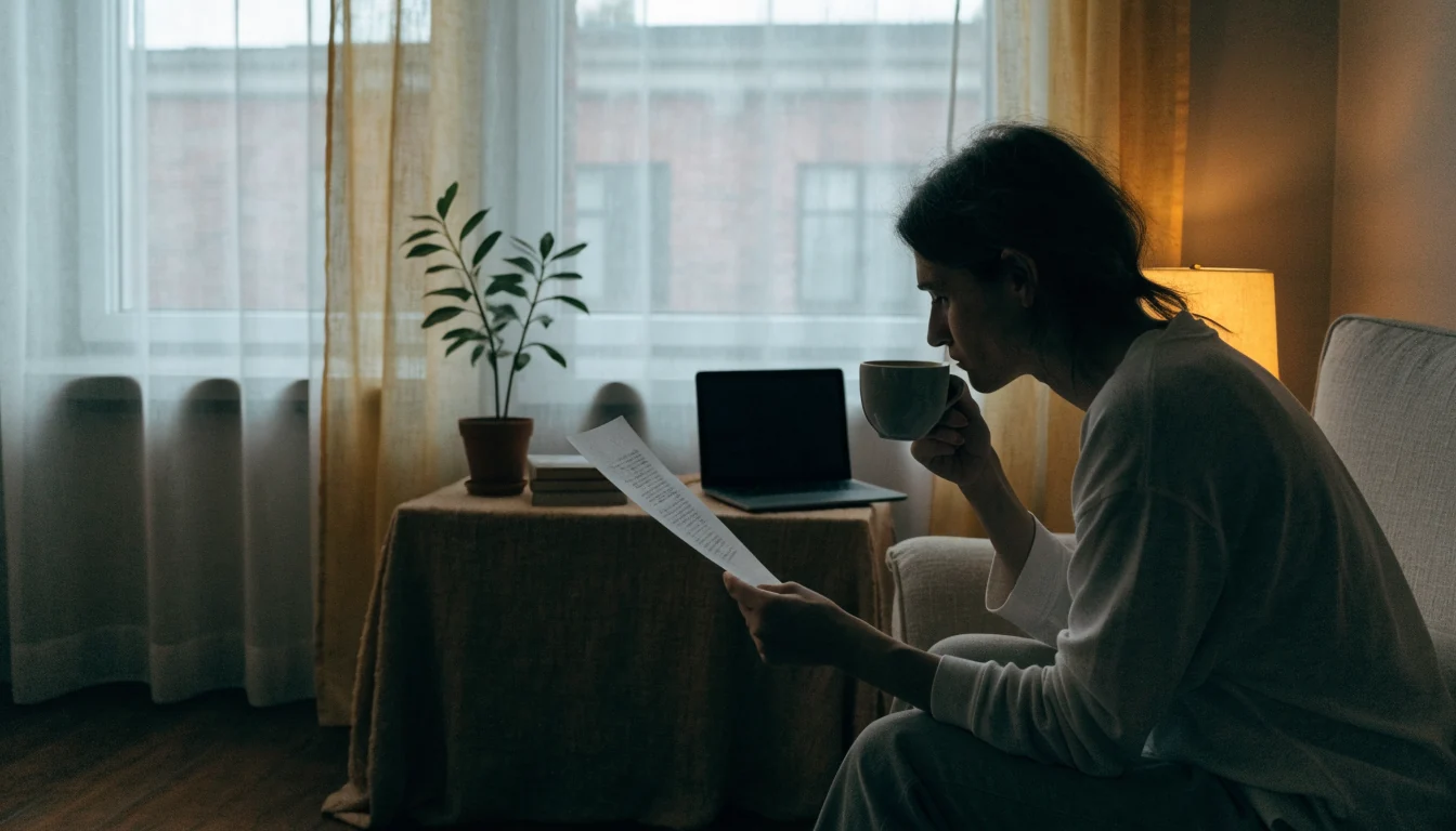 Henkilö tarkistaa paperia nojatuolissa kahvikupin kanssa